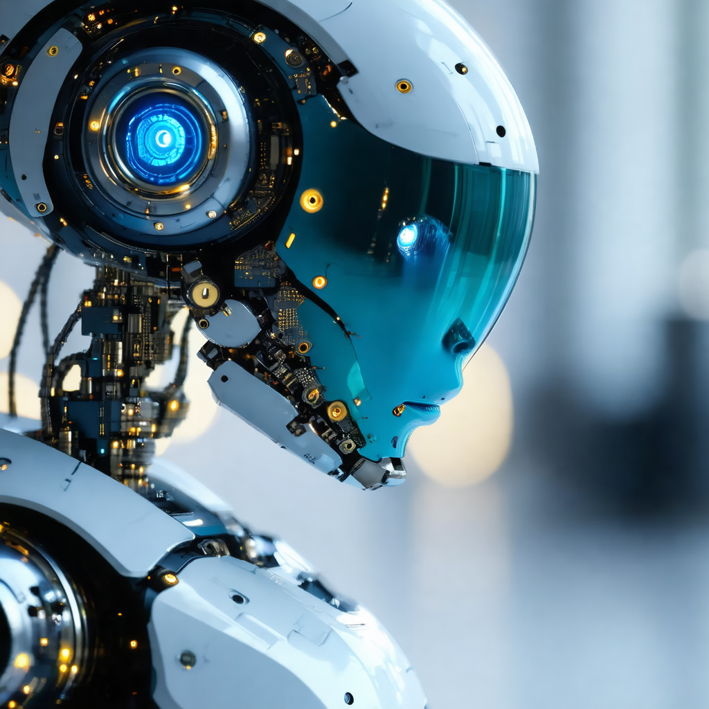 Futuristic robot with a blue helmet, standing in a room