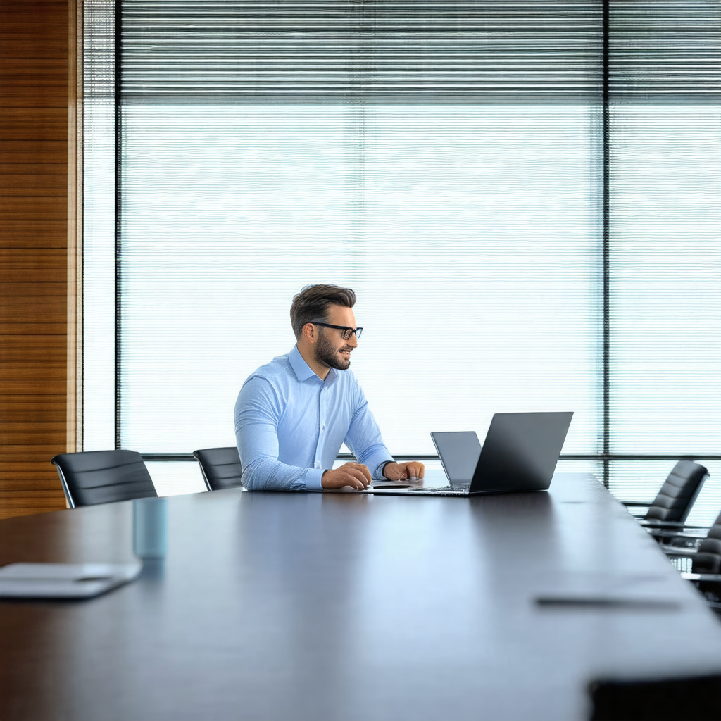 Man sitting at a conference table, working on a laptop co...
