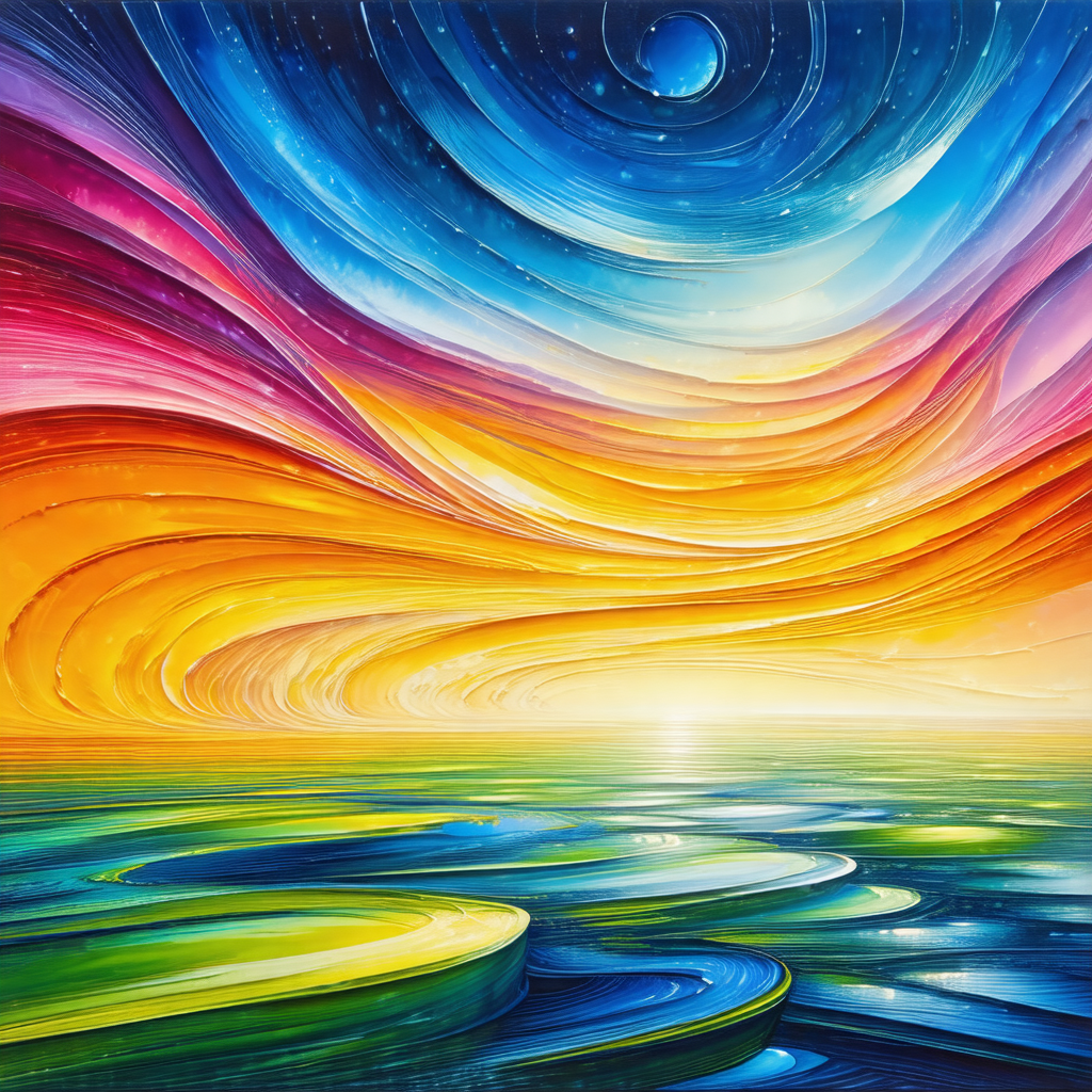 Painting of a sunset over a body of water, possibly an ocean