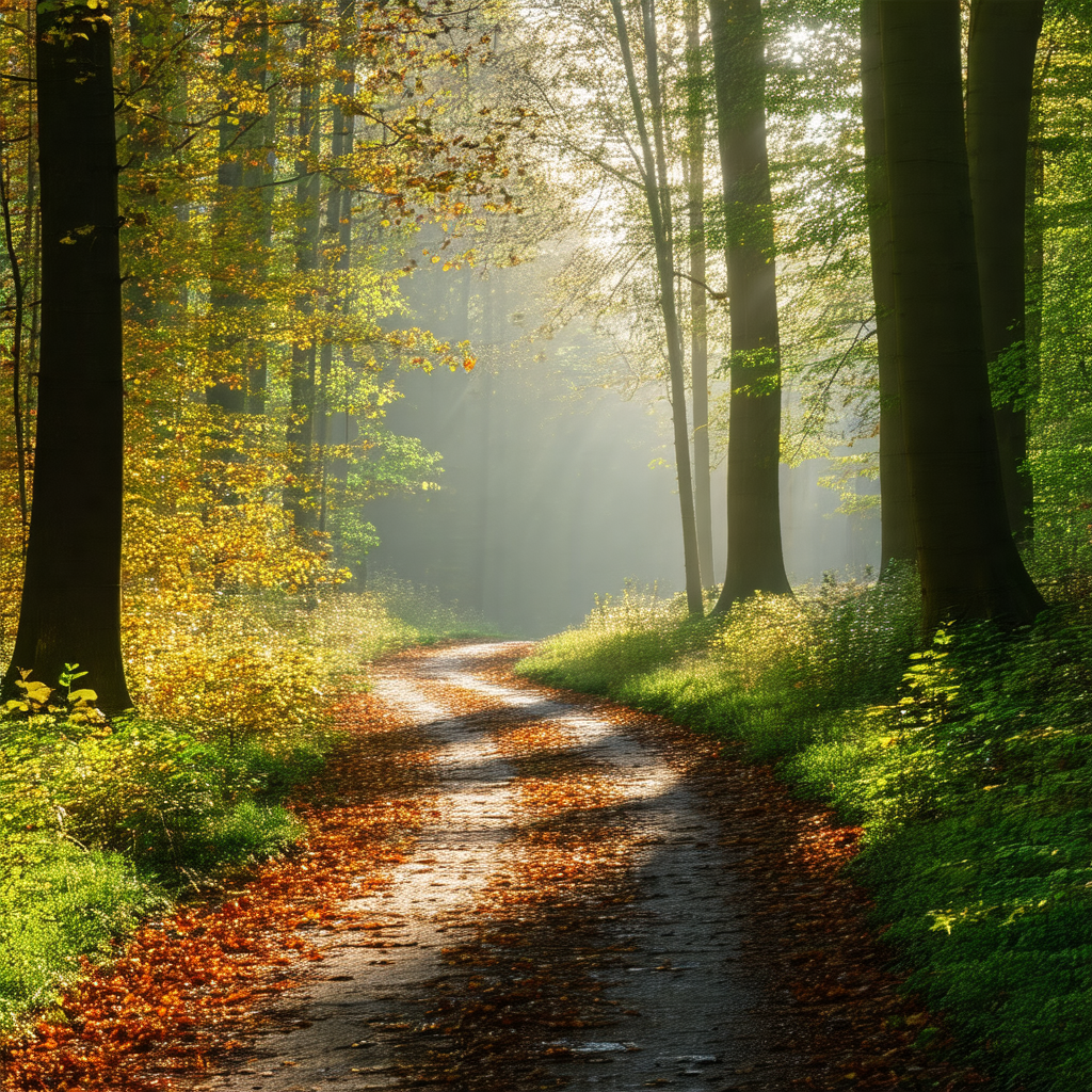Beautiful forest scene with a dirt road running through it