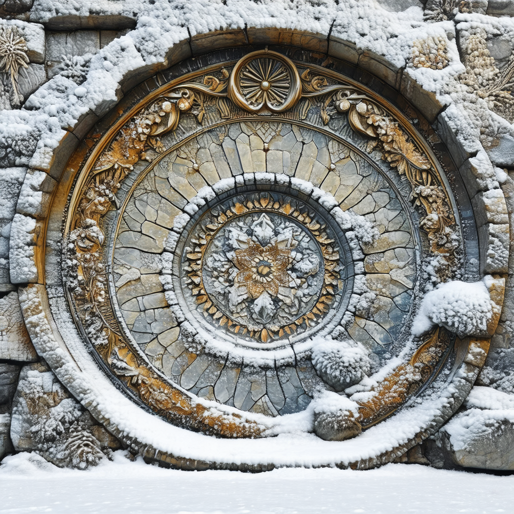 Large, ornate stone circle with a sun design in the center