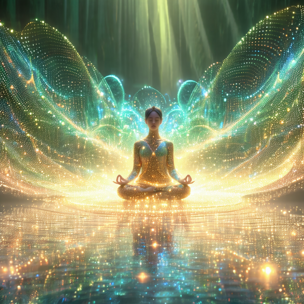 Woman sitting in a lotus position, surrounded by a beauti...