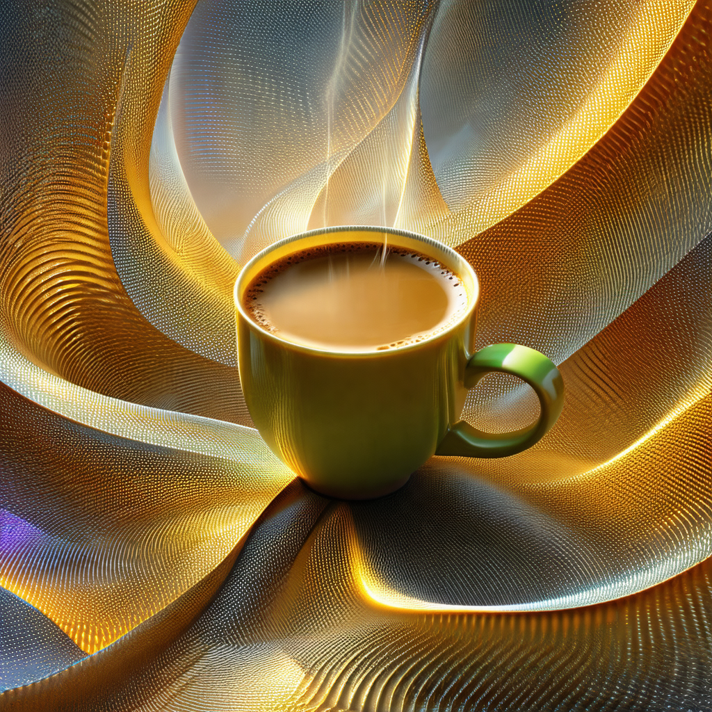 Cup of coffee placed on a table, surrounded by a vibrant ...