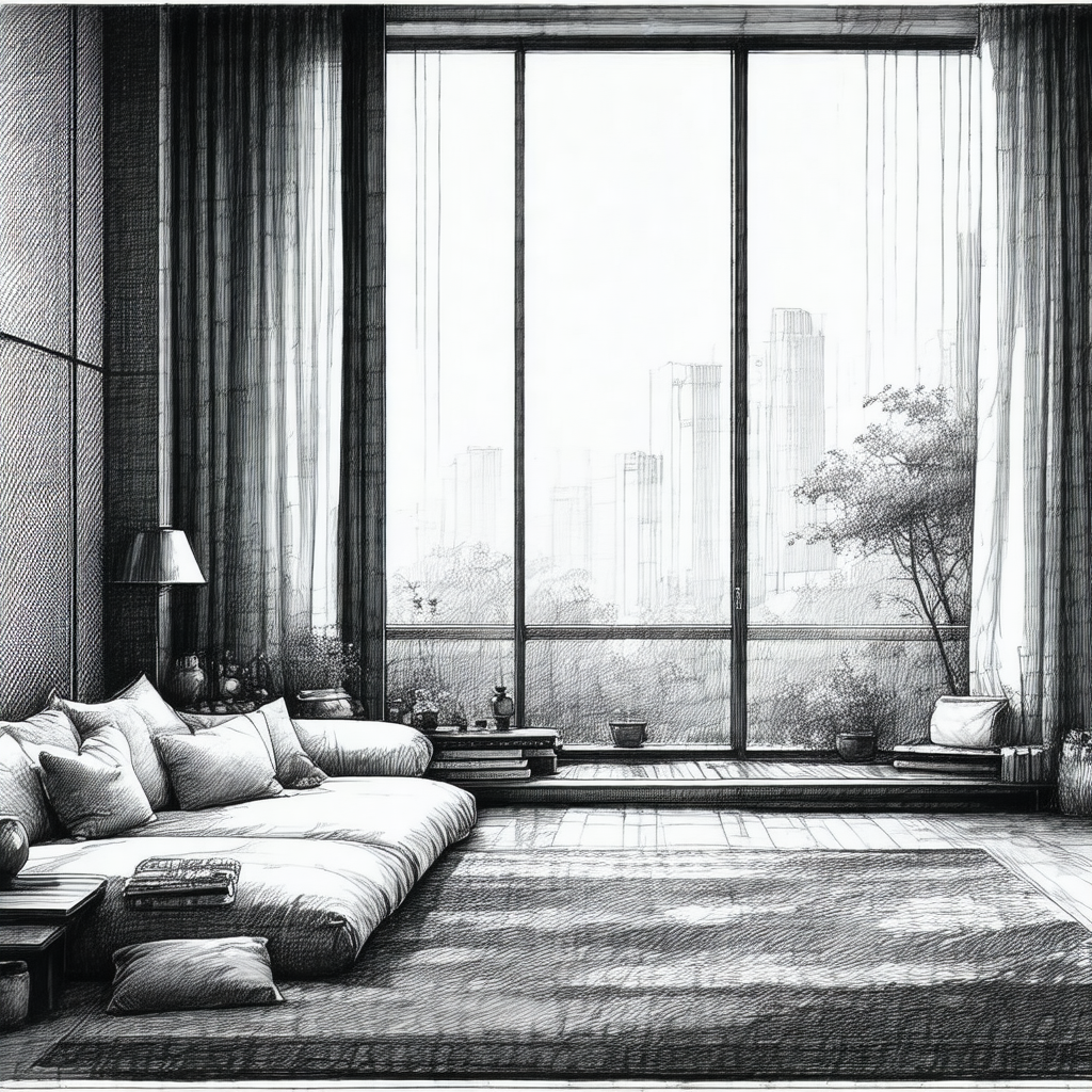 Black and white drawing of a living room
