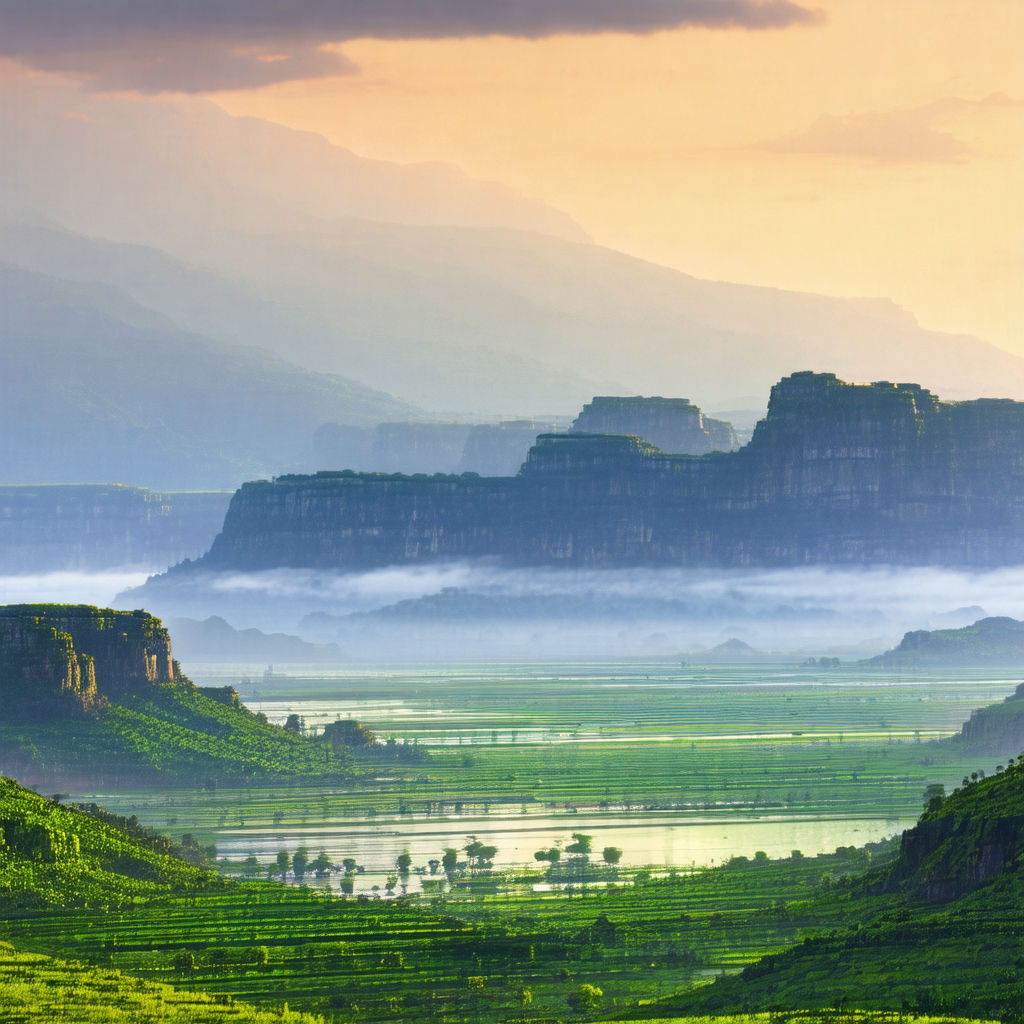 Beautiful landscape with a lush green valley surrounded b...