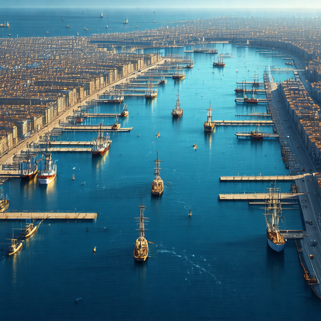 Large-scale painting of a harbor filled with numerous boa...