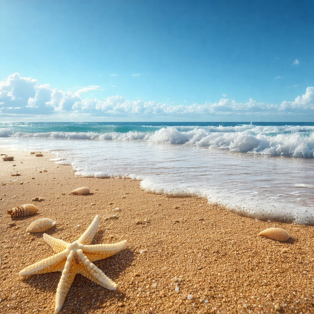 Beautiful beach scene with a starfish lying on the sand
