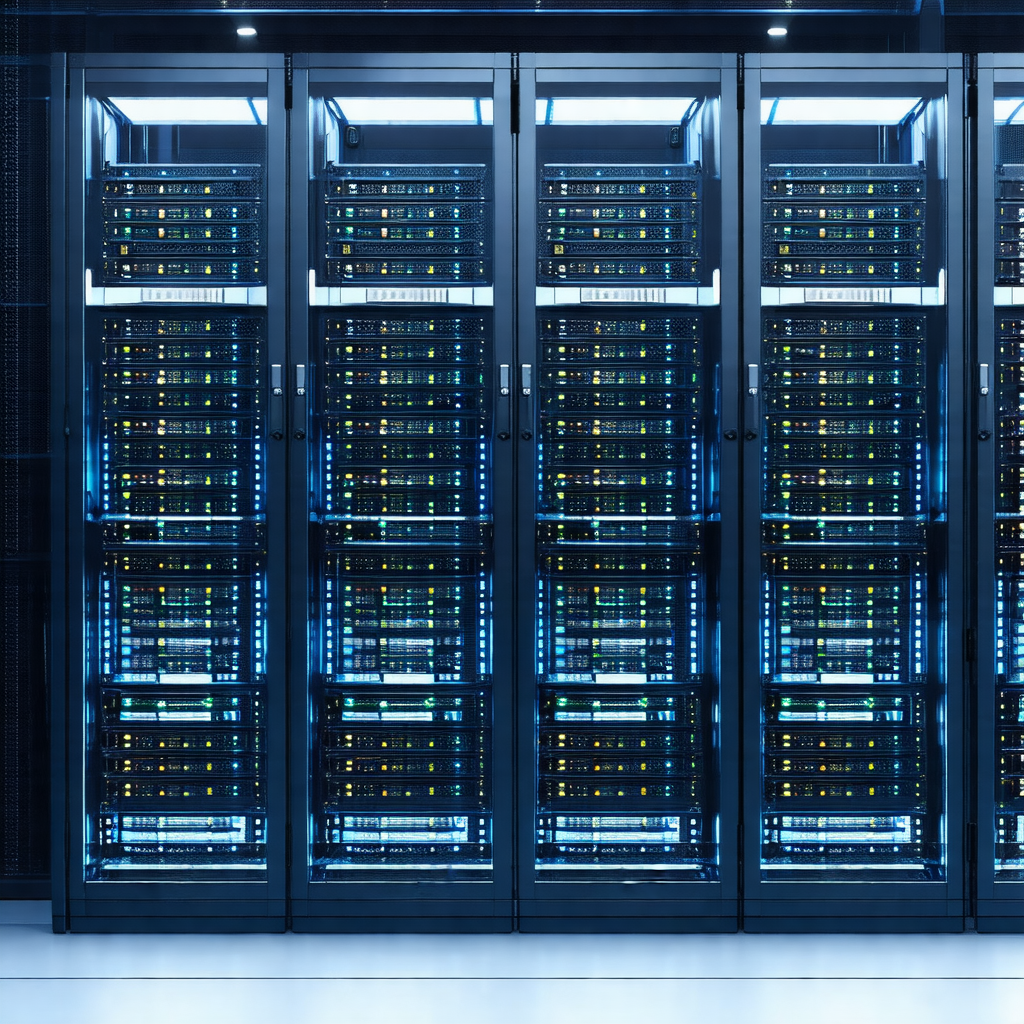 Large, modern data center with a row of servers