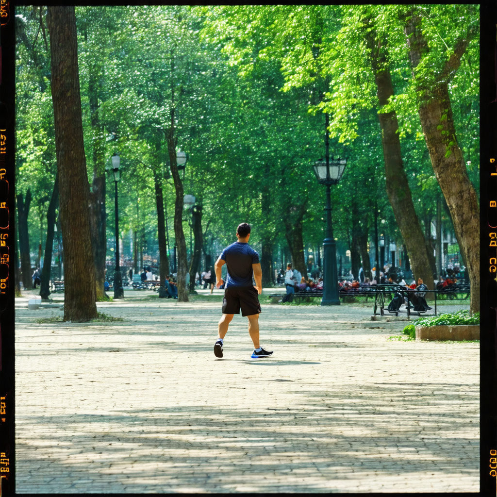 Man running down a tree-lined street