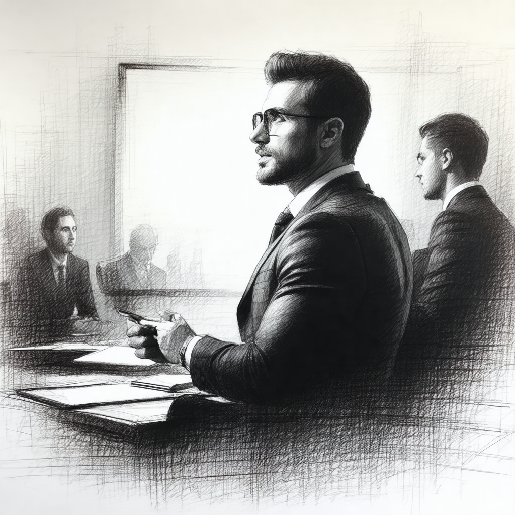 Black and white drawing of a man in a suit sitting at a desk
