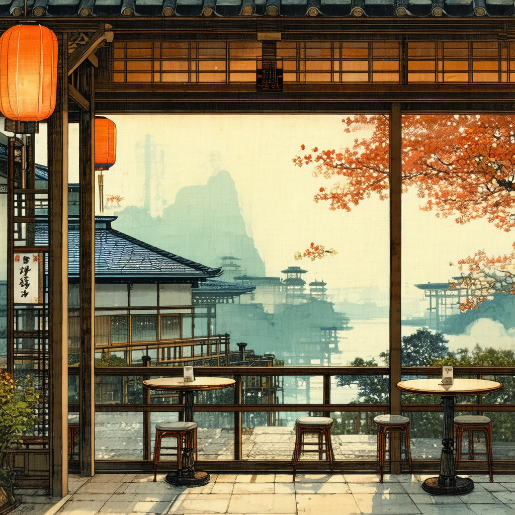 Painting of a restaurant with a beautiful view of a river