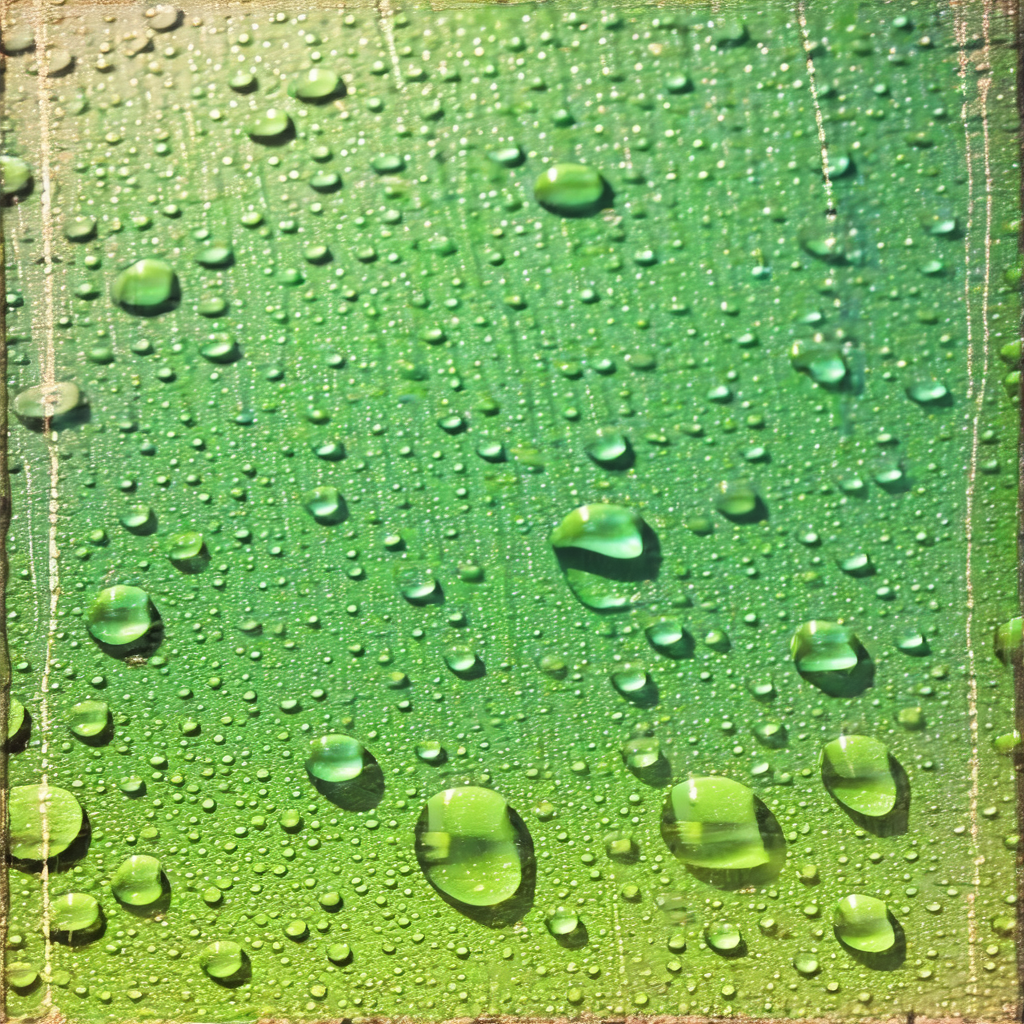 Close-up of a raindrop-covered surface, possibly a leaf o...
