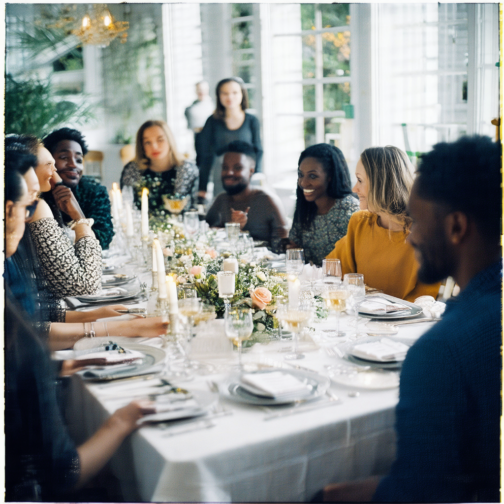 Group of people gathered around a large dining table, enj...