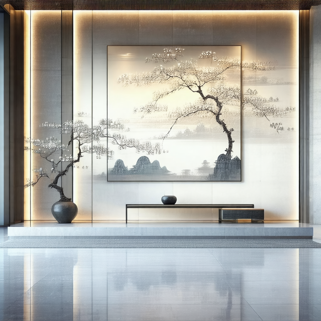 Large painting of a tree on a wall, with a bench placed i...