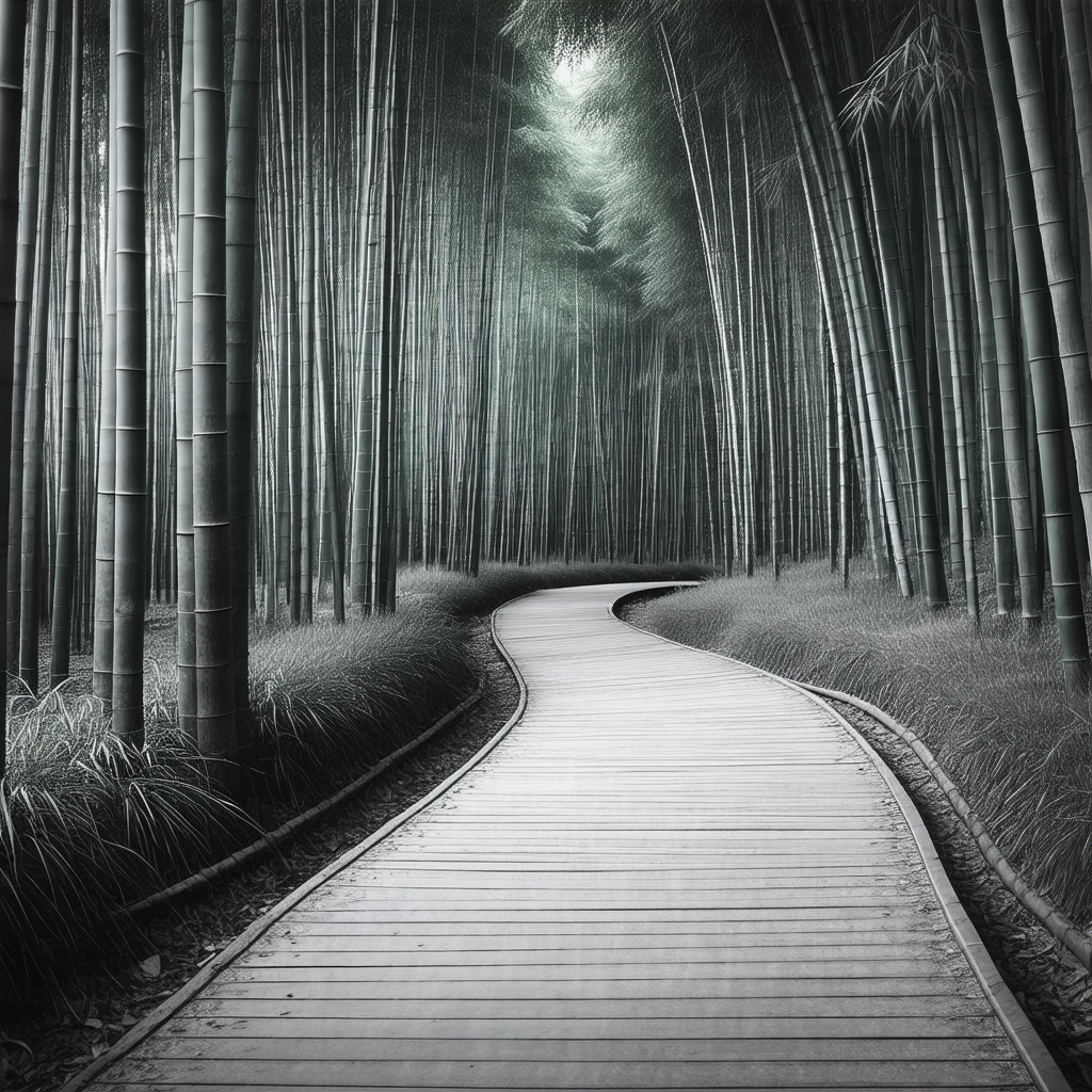 Black and white photo of a pathway surrounded by tall, sl...