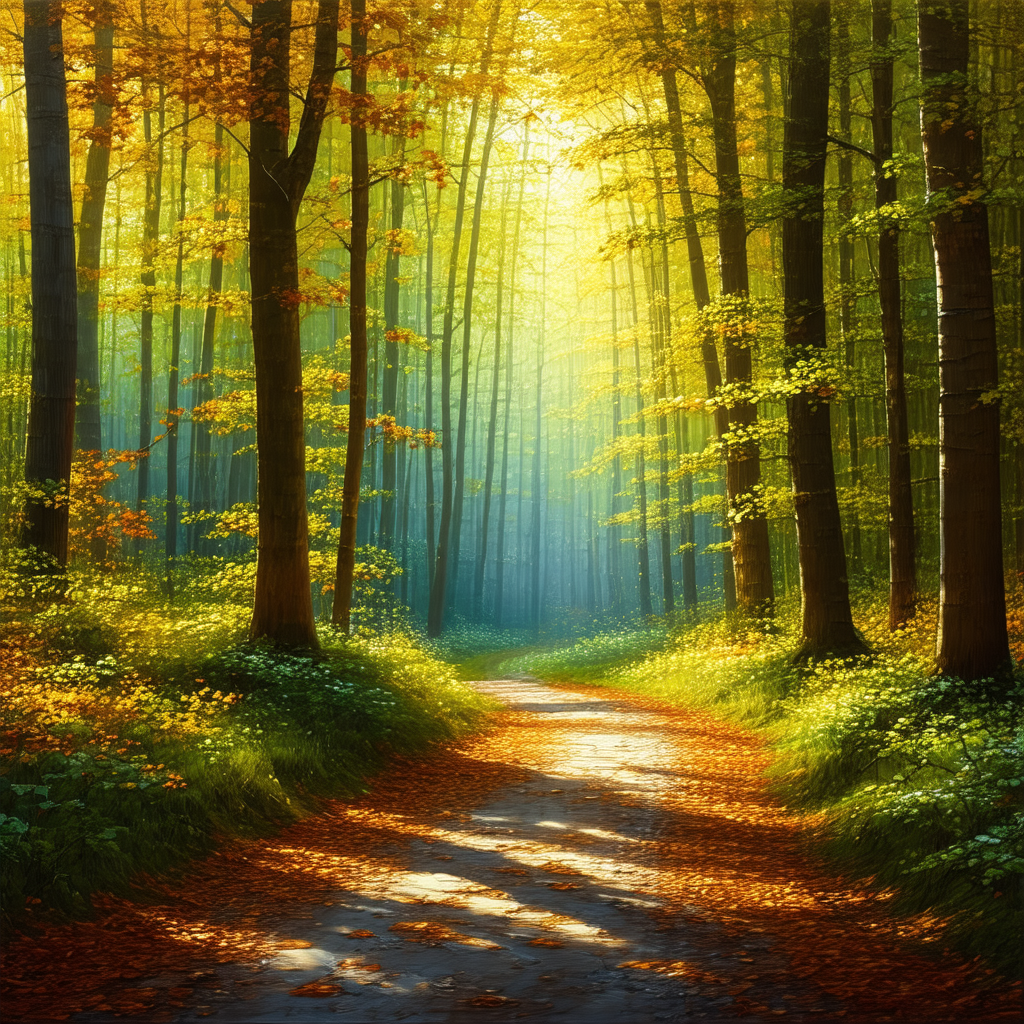 Beautiful forest scene with a dirt road running through it