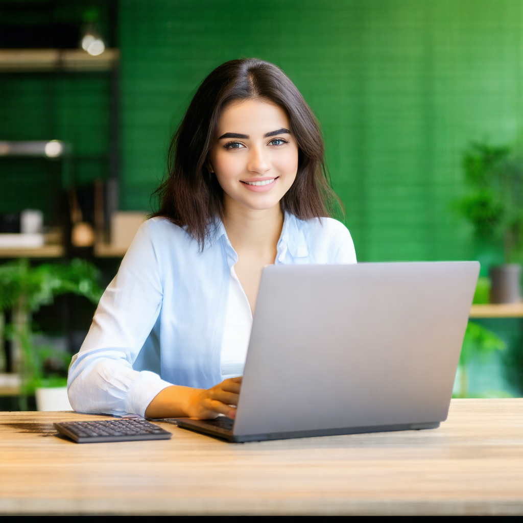 Woman sitting at a desk, working on her laptop