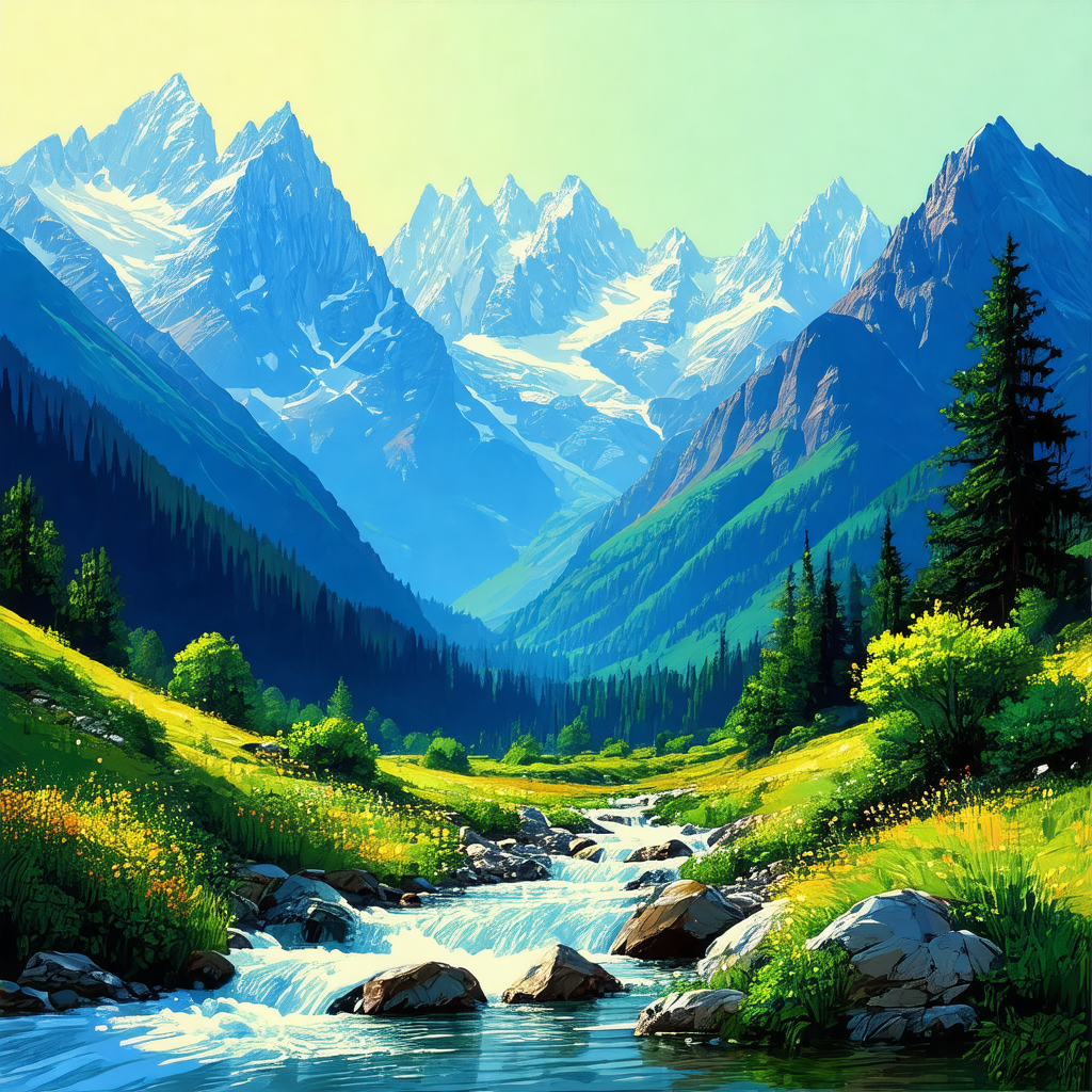 Beautiful mountain landscape with a river flowing through it