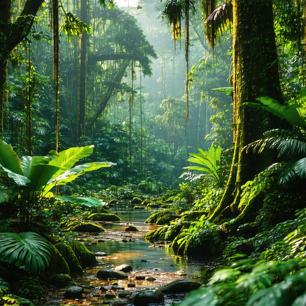 Lush, green forest filled with trees and plants