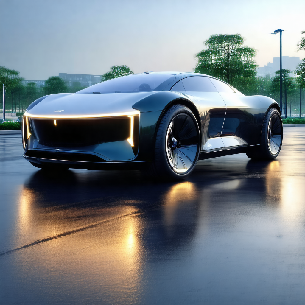 Sleek, futuristic car driving down a wet road