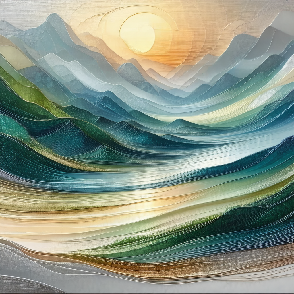 Painting of a mountainous landscape with a sunset in the ...