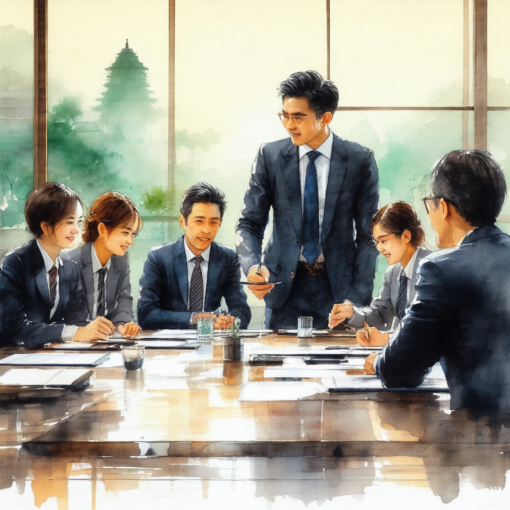 Group of people sitting around a large dining table, enga...