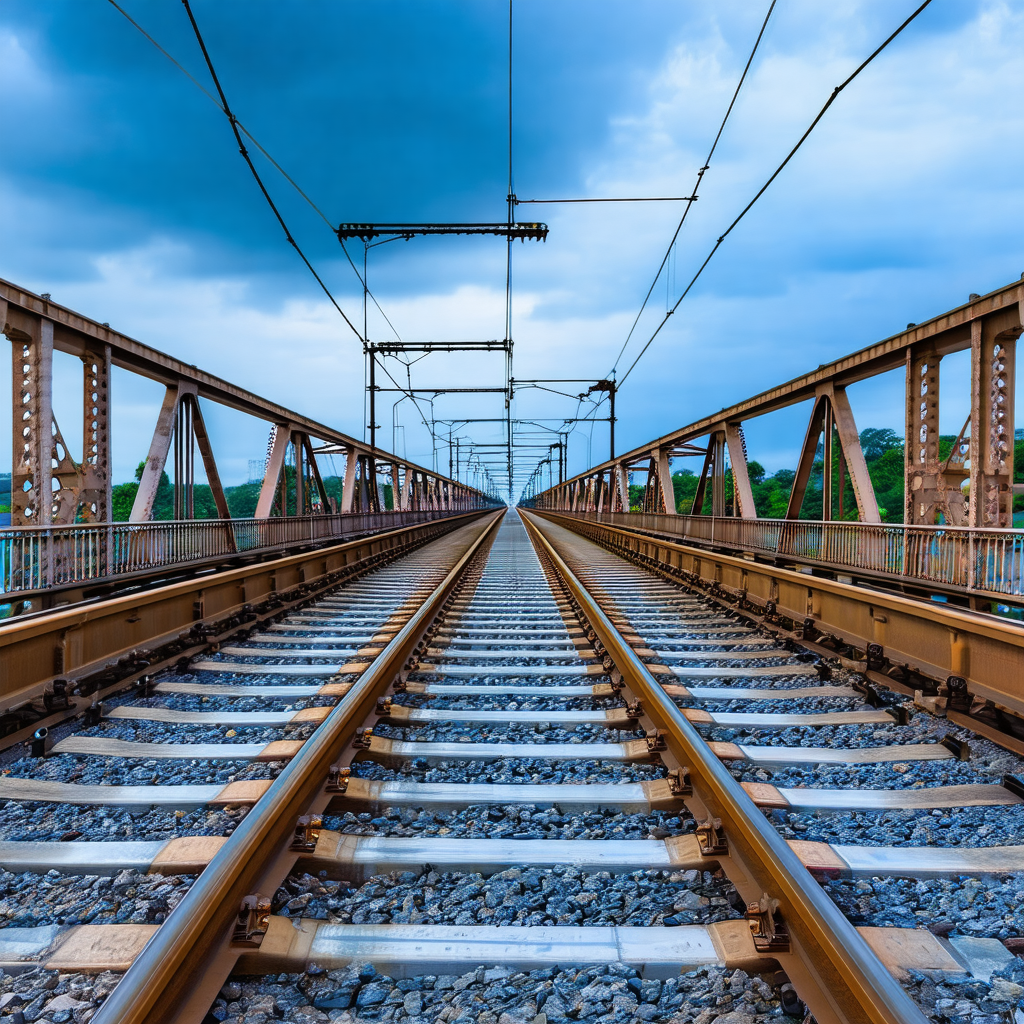 Train track with a train traveling down it