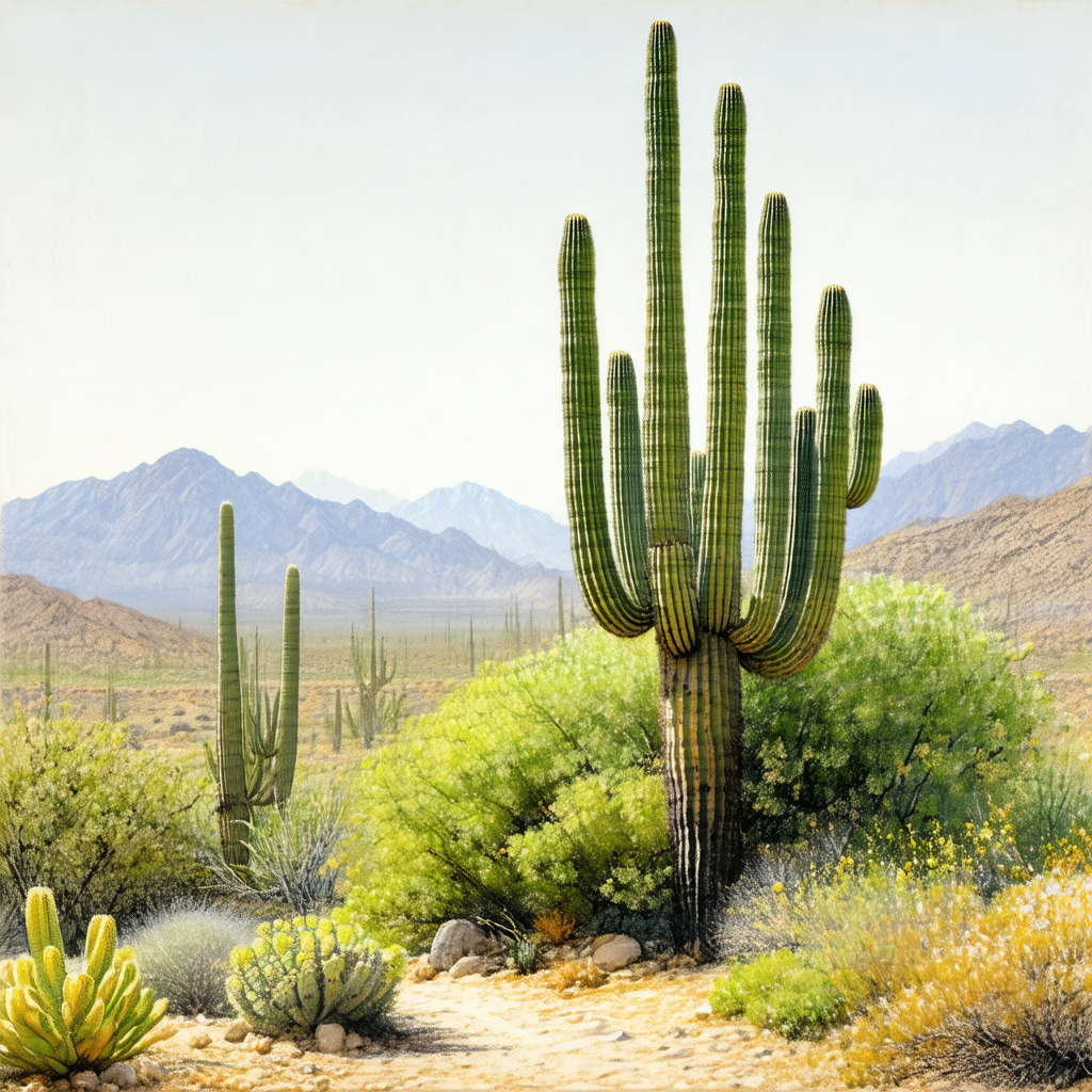 Desert landscape with a large cactus plant in the foreground