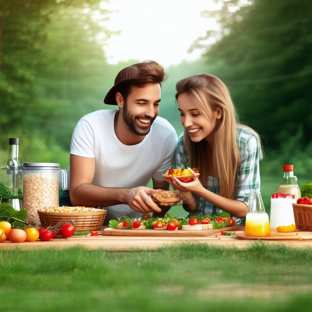 Man and a woman sitting on a picnic blanket in a park, en...