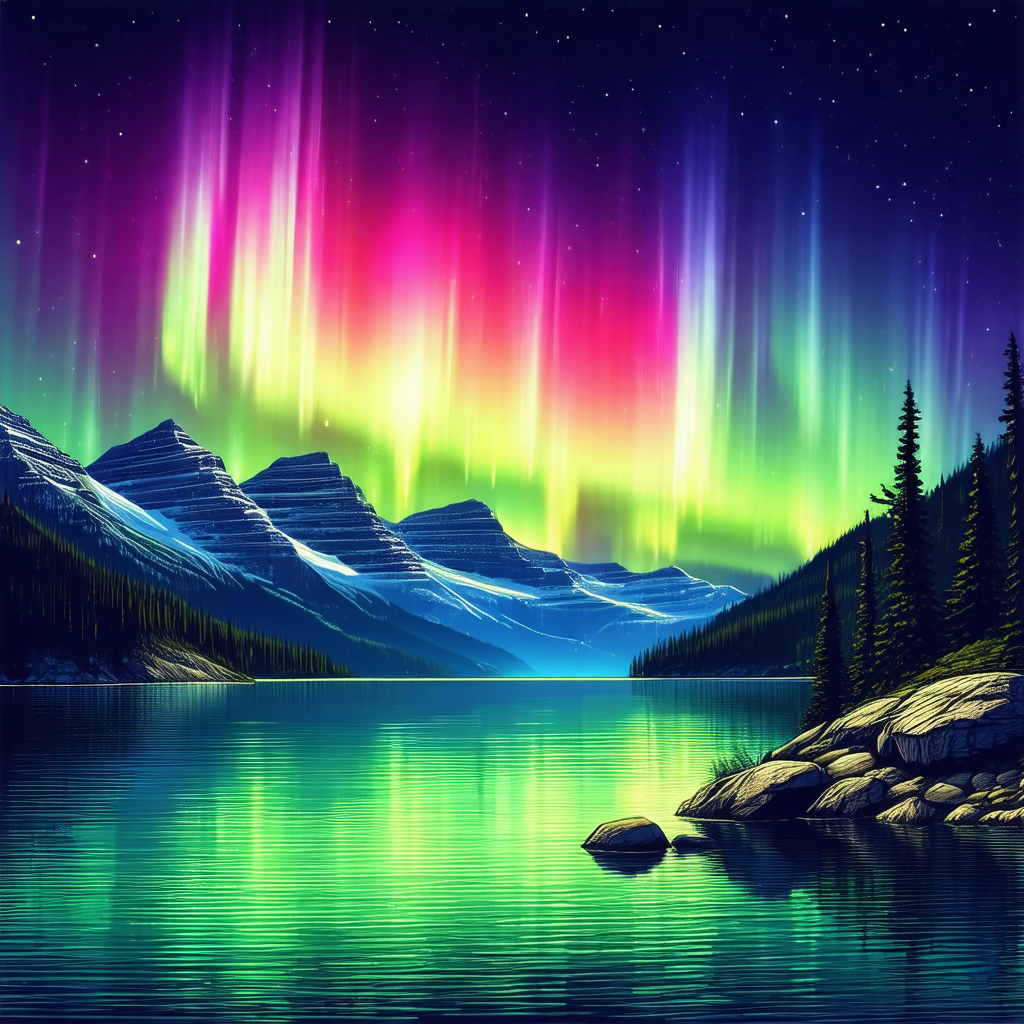 Serene scene of a lake at night, with a beautiful view of...