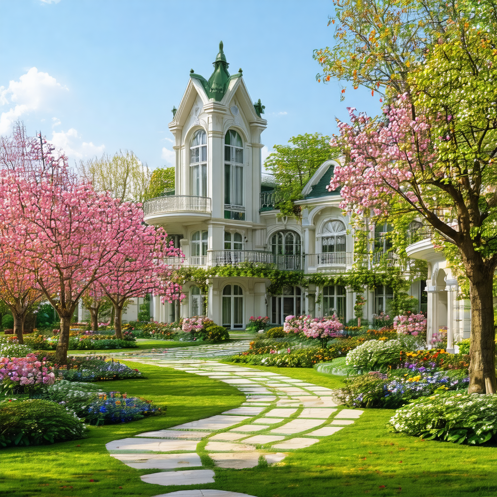 Large, white, and ornate mansion with a beautiful garden ...