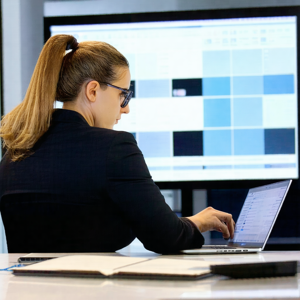 Woman sitting at a desk, working on her laptop