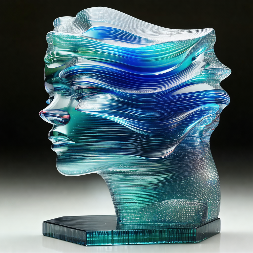 Blue and white sculpture of a woman's head