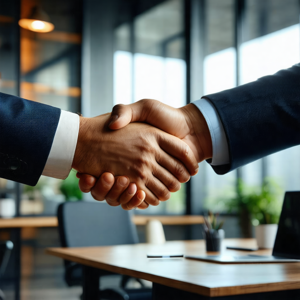 Two men shaking hands in a professional office setting