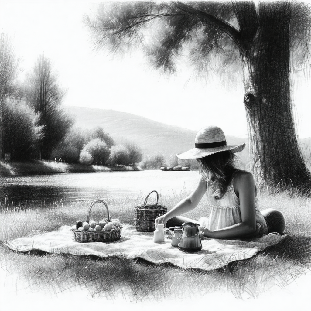 Black and white drawing of a woman sitting on a blanket i...