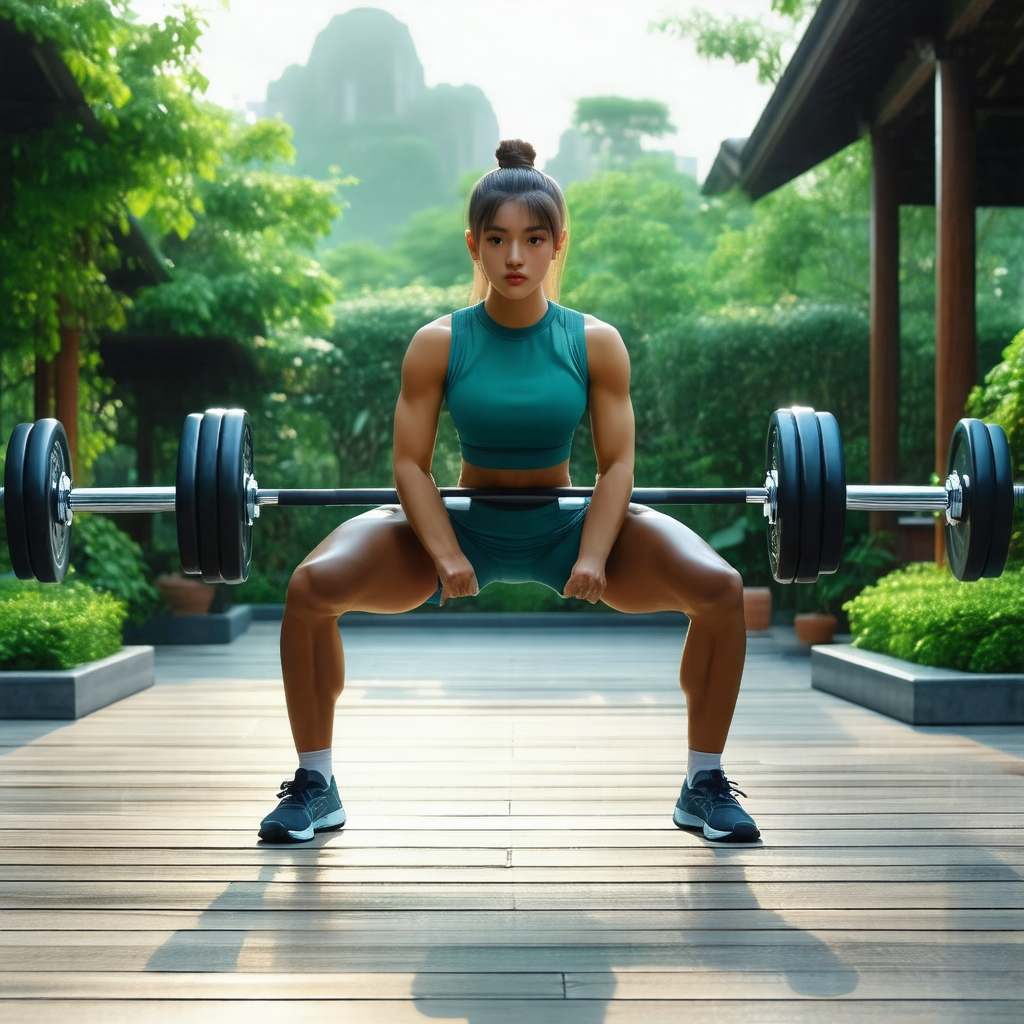 Woman in a green shirt and blue shorts squatting down and...