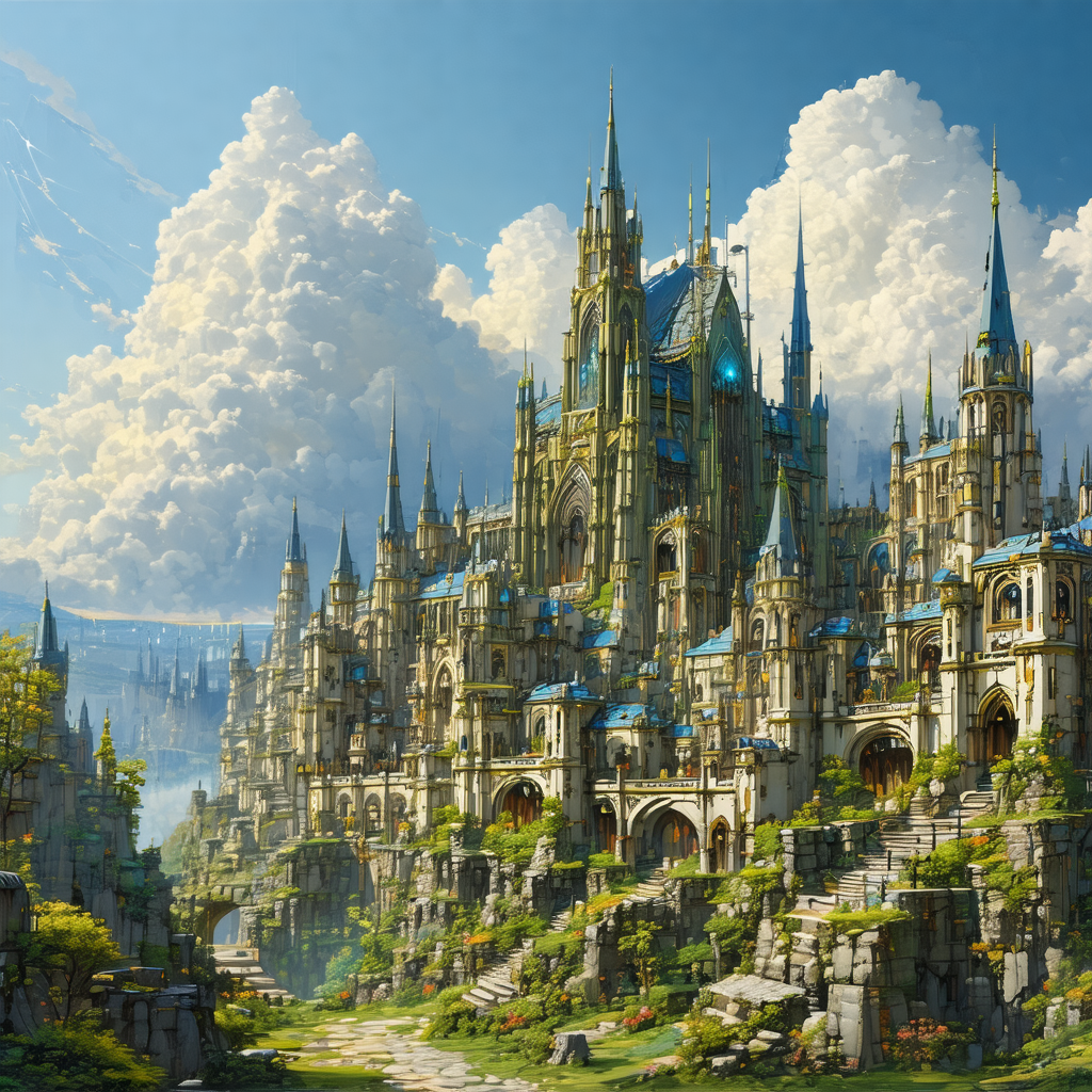 Beautifully drawn illustration of a large, ornate castle ...
