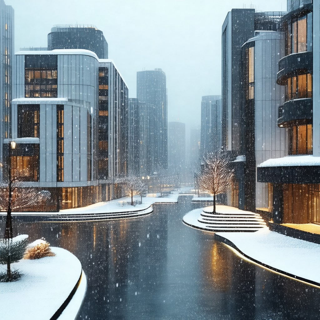 City street at night, with a snowy atmosphere