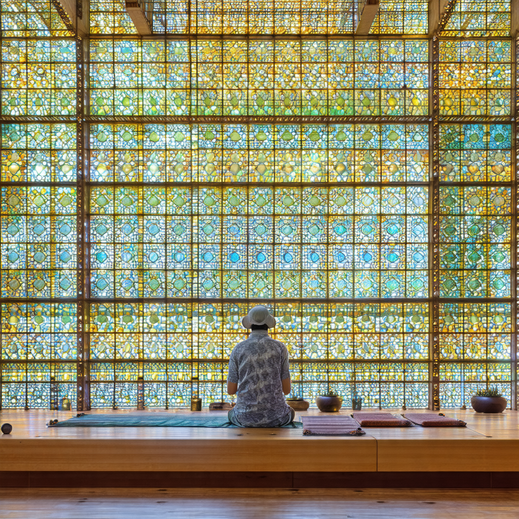 Man sitting on a bench in front of a large stained glass ...