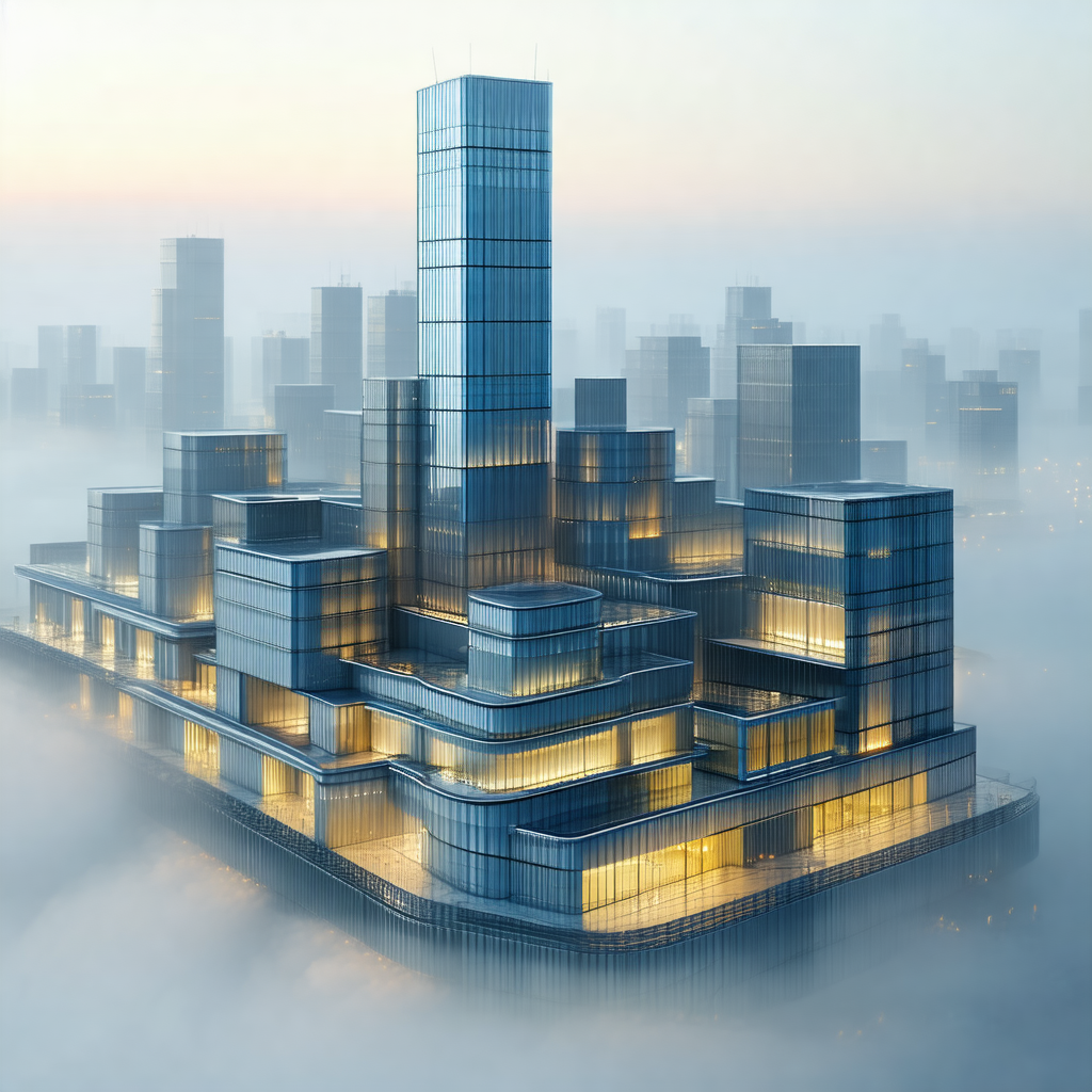 Futuristic cityscape with a large, tall building towering...