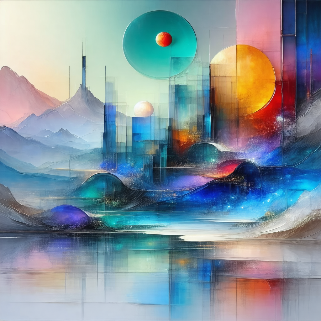 Painting of a futuristic cityscape, featuring a large bui...