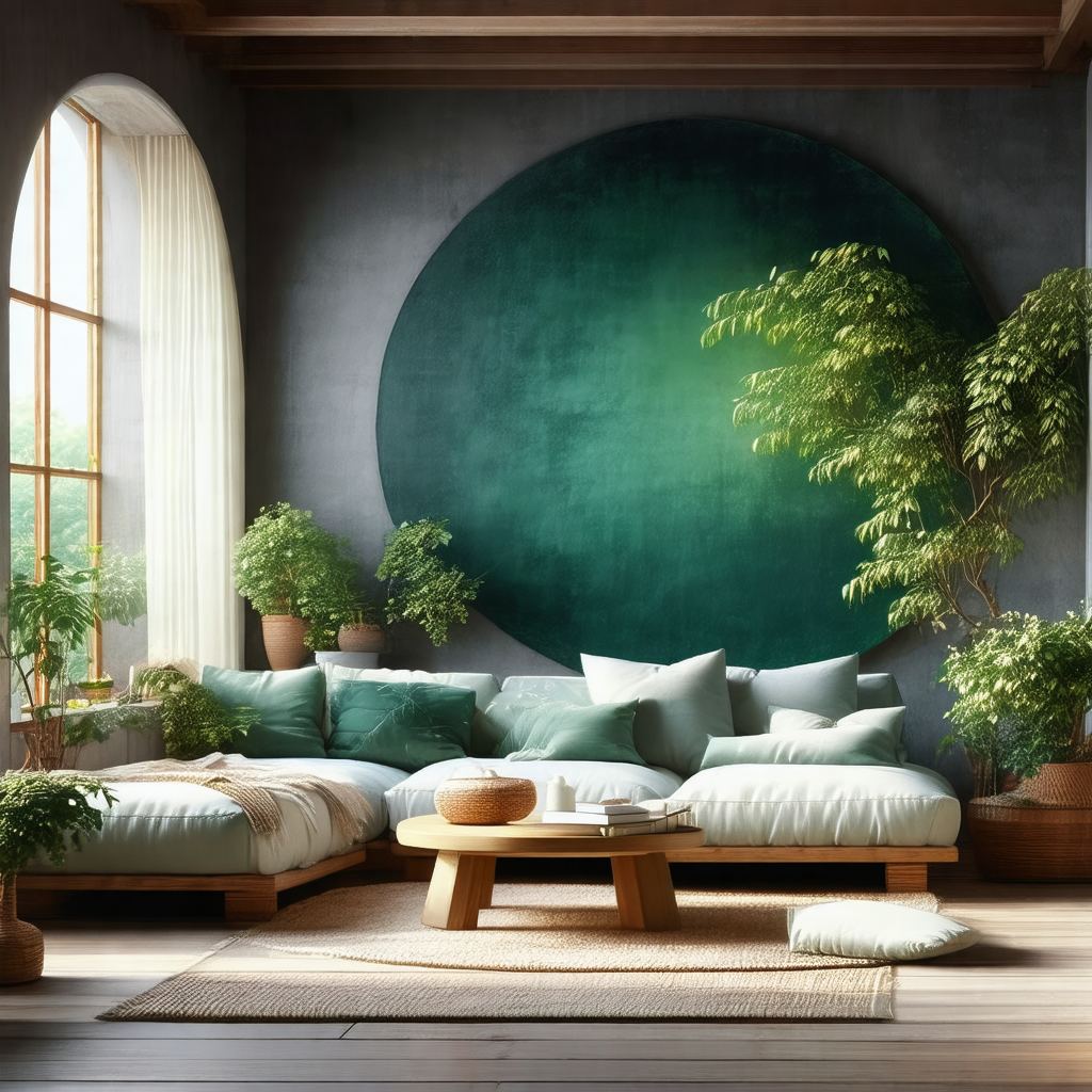 Cozy living room with a large green wall, which serves as...