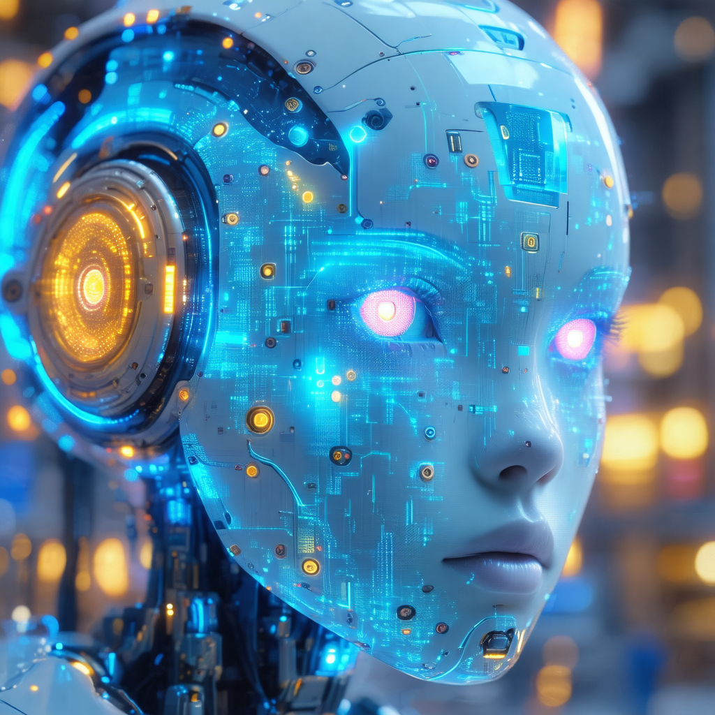 Futuristic robot with a human-like face, complete with a ...