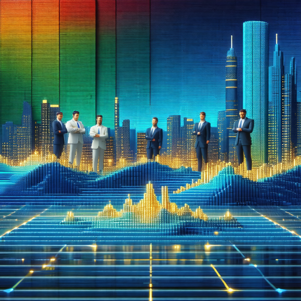 Group of five men standing in front of a large cityscape