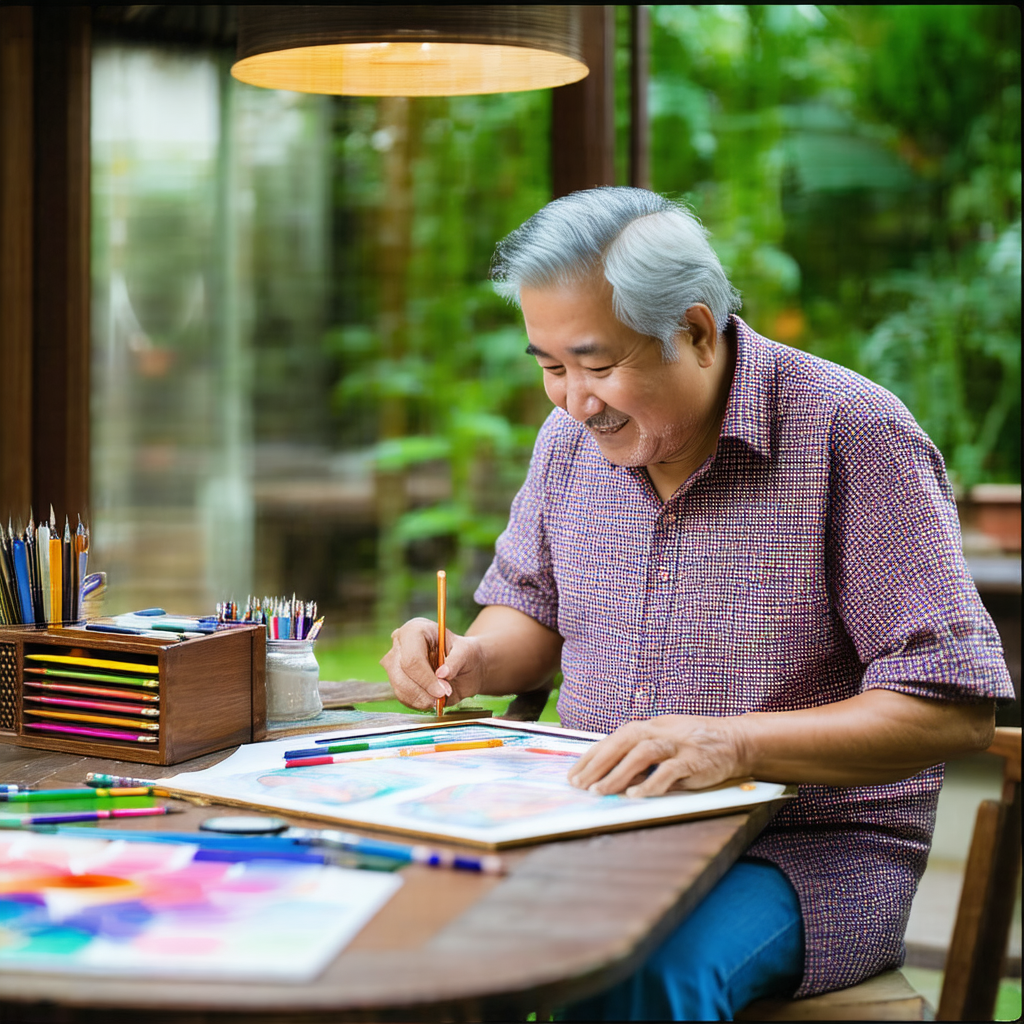 Older man sitting at a dining table, working on a colorfu...