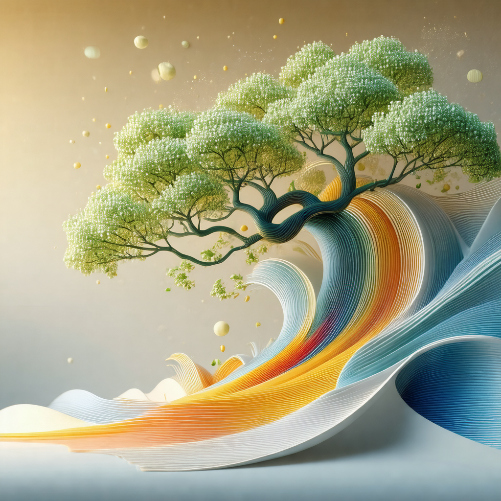 Large tree with a surfboard-like shape, seemingly floatin...