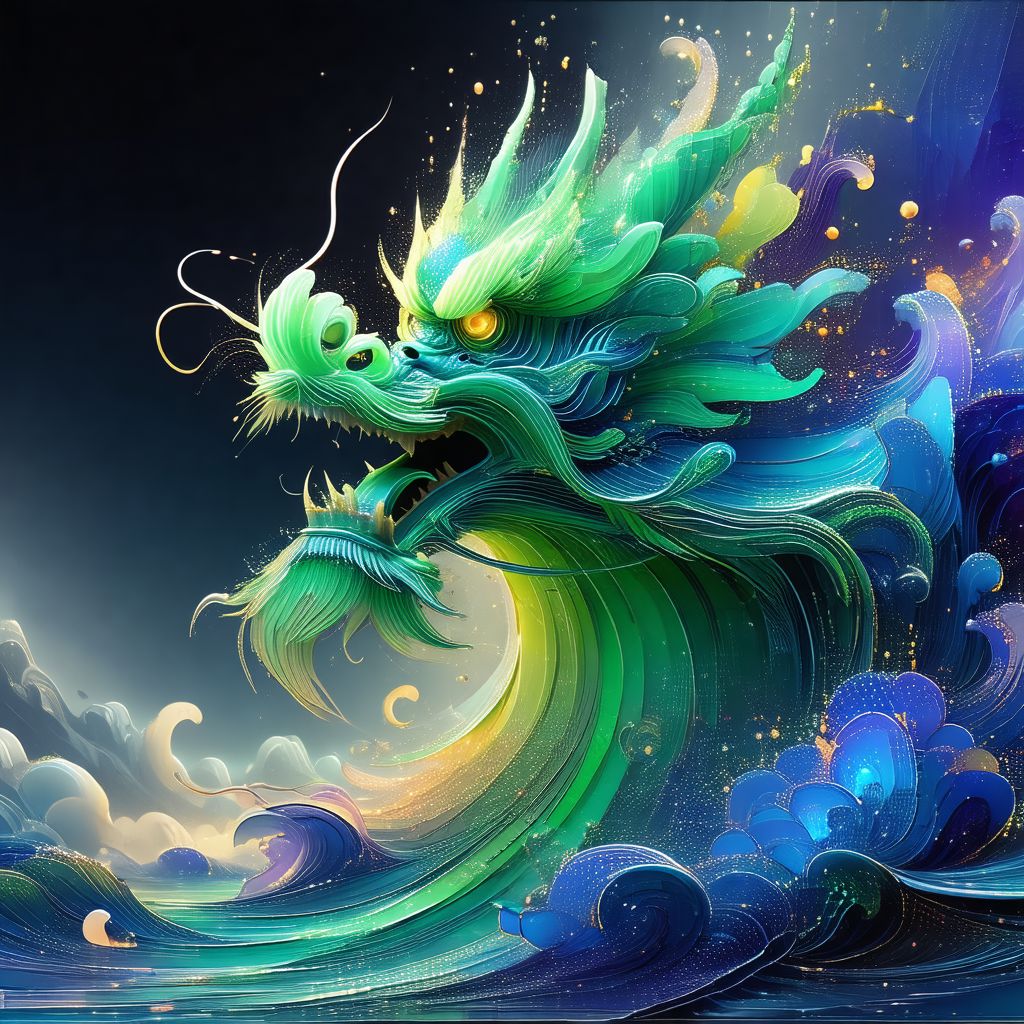 Large, colorful dragon with a green body and yellow fins,...