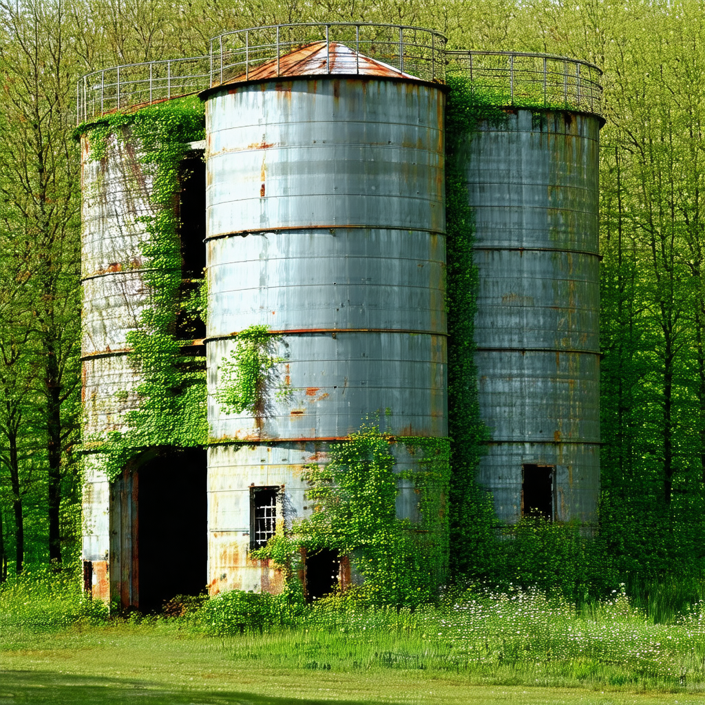 Large, old, and rusty silo with a green vine growing up i...