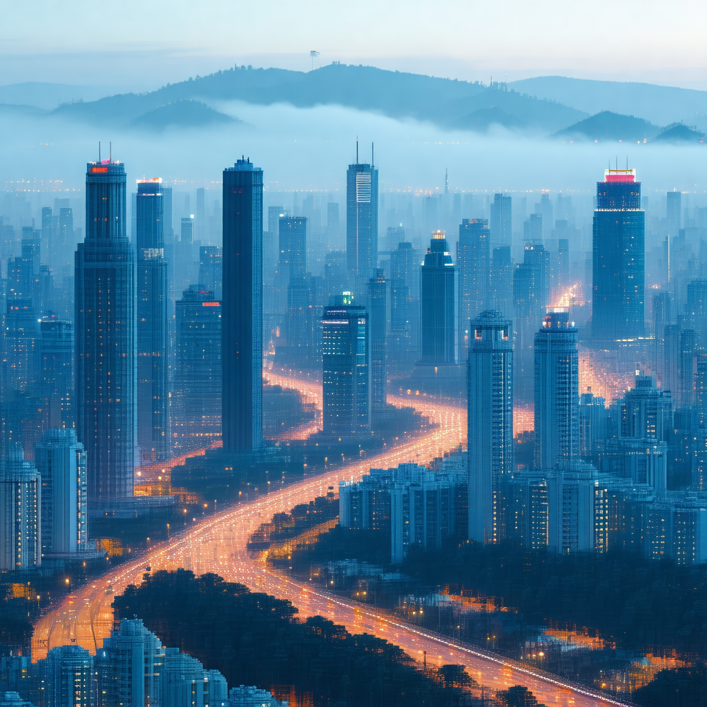 Nighttime view of a large city with a dense skyline