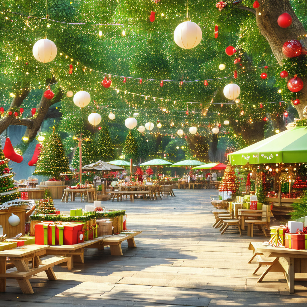 Festive outdoor area with a large christmas tree as the c...